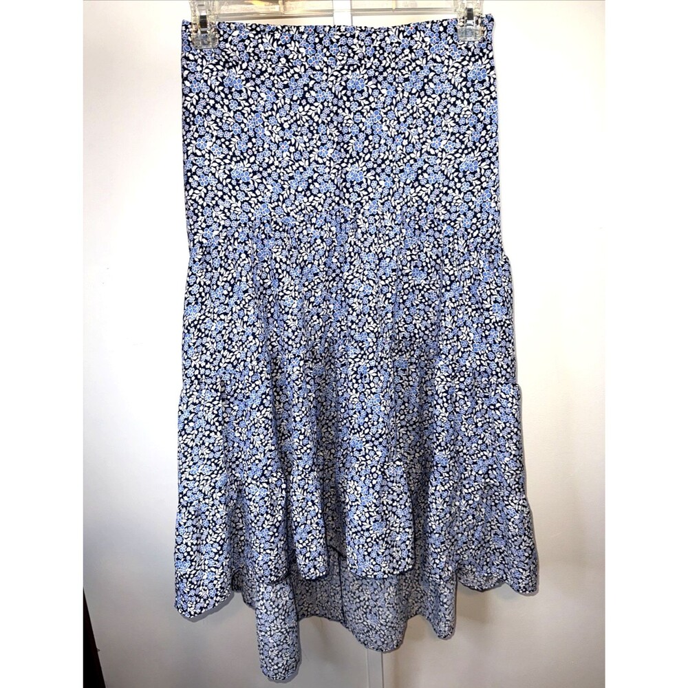 Blue Rain Lg Maxi Skirt Floral Tiered Boho Cottagecore Fairy Prairie Blue Hi Lo